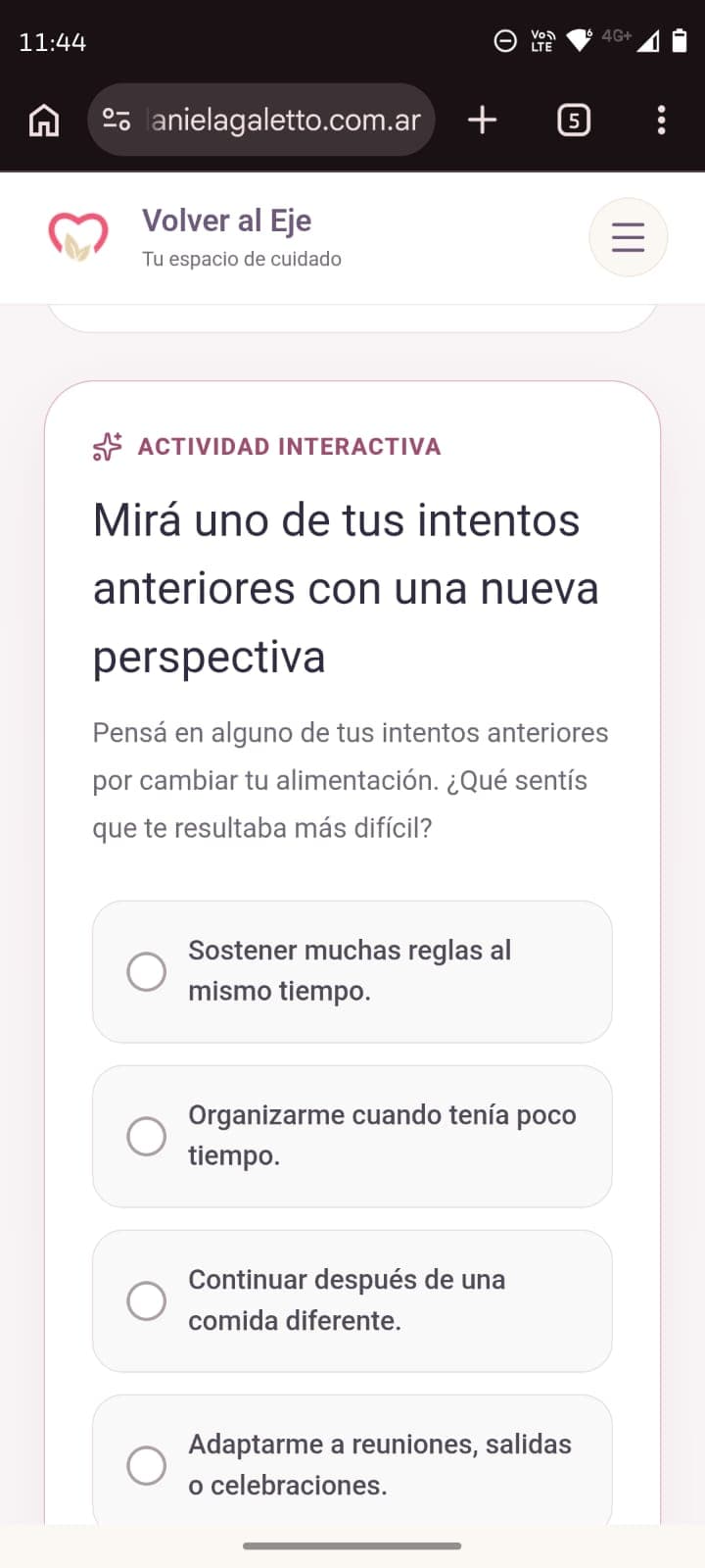 Actividad interactiva dentro de la plataforma Volver al Eje
