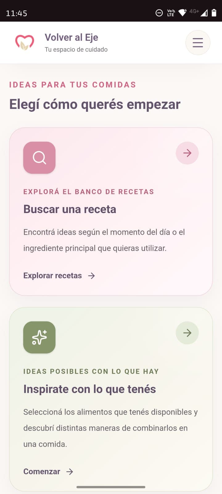 Sección Ideas para tus comidas dentro de Volver al Eje